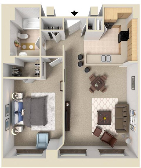 Floor plan for 1 bed, 1 bath, 781 sqft